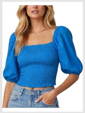 Zara Crop Top Blue Smocked Puff Sleeve M